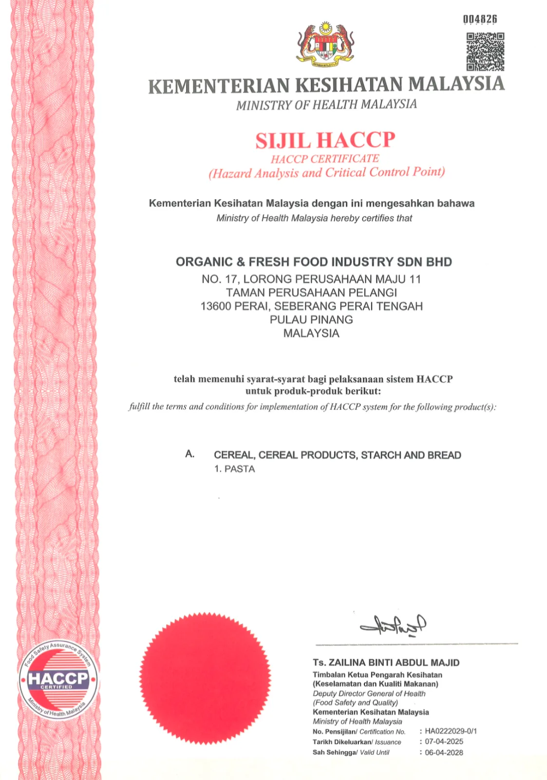 HACCP Certificate, page 1